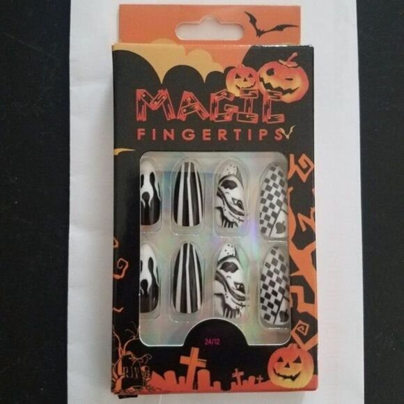 Halloween Press-On Nails 24 Pc Set Magic Fingertips Black & White - Picture 1 of 8